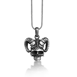 Ram Skull Necklace in Sterling Silver, Animal Skull Necklace For Boyfriend, Oxidized Punk Necklace For Husband, Aries Gothic Necklace