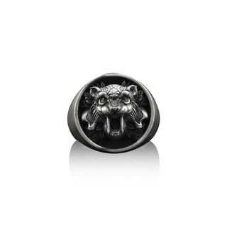 Saber Toothed Tiger Handmade Sterling Silver Men Signet Ring, Wild Cat Animal Signet Ring, Asian Tiger Engraved Ring, Tiger Men Gift Jewelry