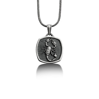 Engraved scorpion pendant necklace in silver, Personalized animal necklace for men, Scorpio zodiac sign necklace for dad