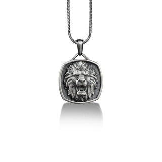 Roaring Lion Square Pendant, Lion Head Necklace, Silver Leo Pendant, Lion King Necklace, Customizable Necklace