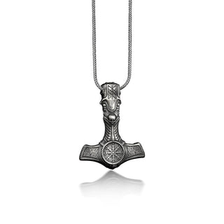 Norse Hammer with Skull Necklace, Norse Mythology Symbols on Viking Hammer Necklace, Warrior Necklace with Vegvisir, Nordic Gothic Necklace