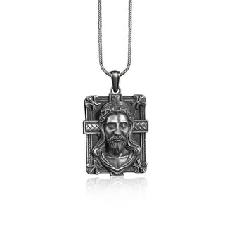 Jesus Mens Necklace, Christ Jesus Pendant, Religious Silver Man Pendant, Religious Charm Medallion, Catholic Men Pendant, Crucifix Necklace