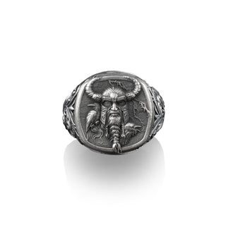 Odin the Viking God with Ravens, Scandinavian Mythology, Sterling Silver Square Signet Ring, Gold Signet Ring for Men and Women,