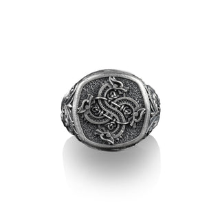 Scandinavian Tangled Dragon Knot Silver Ring for Men, Norse Mythology Jewelry, Sterling Silver Mens Rings, Pinky Signet Rings for Women