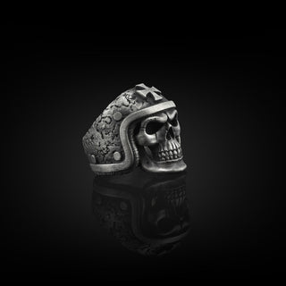 Skull wearing Motorcycle Helmet Biker Ring for Men in Sterling Silver, Skull Cross Gothic Ring, Skull & Cross Silver Jewelry, Ring for Men