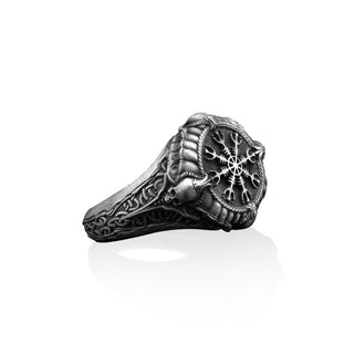 Vegvísir Handmade Sterling Silver Men Signet Ring, Viking Wayfinder Gothic Men Jewelry, Norse Mythology Ring, The Helm of Awe Ring For Men