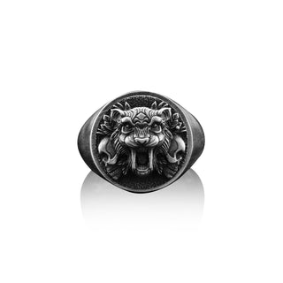 Tiger Handmade Signet Ring, Sterling Silver Saber Tooth Pinky Men Ring, Tiger Head Silver Jewelry, Asian Tiger Gift, Memorial Silver Gifts