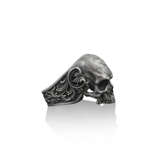 Skull and Leaves Skull Biker Ring, 925 Sterling Silver Gothic Jewelry, Wiccan Ring, Fantasy Ring, Friendship Ring, Witch Ring, Memorial Gift