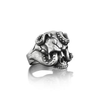Skull and Tentacle Mens Ring in Silver, Octopus Gothic Ring in Oxidized Silver, Kraken Punk Ring For Best Friend, Halloween Ring For Men