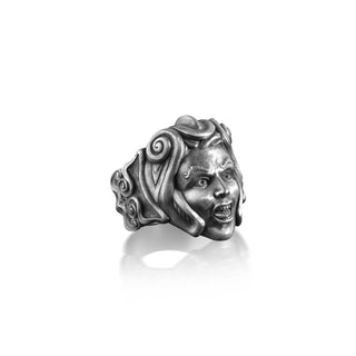 Gothic Evil Women Ring for Men in Sterling Silver, One of A Kind Ring, Dark Face Signet Ring, Unique Ring for Her, Hamsa Ring, Biker Jewelry