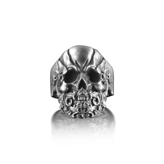 Skull Head Beard Pattern Ring, Handmade Skull Ring, Sterling Silver Signet Ring, Biker Ring for Beard Lovers, Mens Silver Ring, Gothic Ring