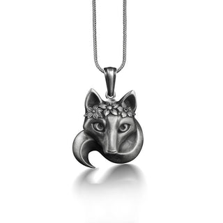 Fox with floral headband pendant in 925 silver, Fox with flowers necklace for mama, Feminist necklace for girlfriend