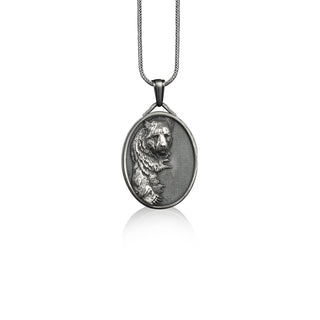 Grizzly bear oval medal necklace in silver, Personalized animal engraved pendant necklace for men, Boyfriend necklace