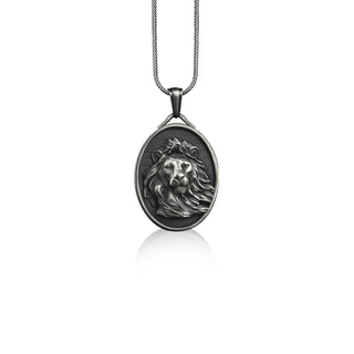 Maned lion head oval pendant necklace in silver, Personalized animal necklace for best friend, Leo sign zodiac necklace