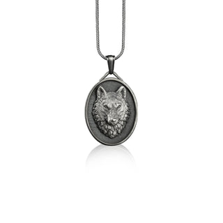 Gray wolf head pendant necklace in silver, Personalized animal necklace for husband, Custom name pendant, Dad gift