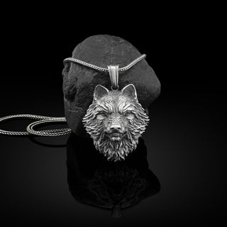 Angry wolf head necklace for men in sterling silver, Scandinavian fenrir pendant, Viking silver gift jewelry, Wolf pendant, Wolf men gifts