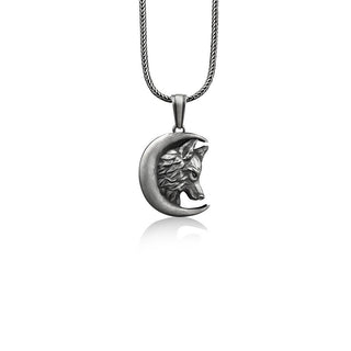 Wolf in crescent moon pendant necklace in sterling silver, Cool mens animal necklace for dad, Nature inspired necklace