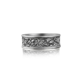Leaf and Flower Engraved Ring For Men, Floral Mens Wedding Band Ring in Silver, Nature Promise Ring For Him, Botanical Ring For Boyfriend