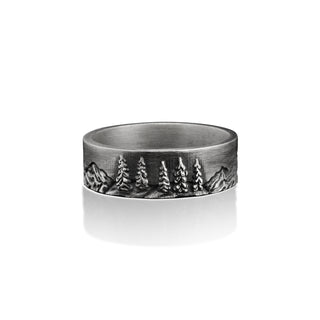 Pine Trees Handmade Sterling Silver Men Band Ring, Nature Wedding Ring, Dainty Ring, Engagement Ring, Anniversary Ring, Memorial Gift