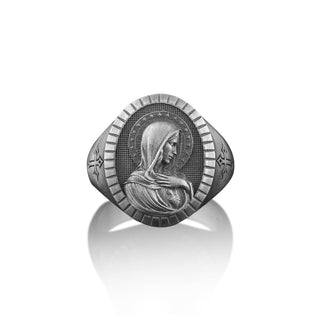 Virgin Mary With Sacred Heart Ring For Mens Silver in Sterling Silver, Sacred Heart Men Gift Ring, Religious Jewelry, Christian Family Gift