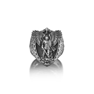 Archangel Michael Dragon Wings Signet Men Ring, St Michael Extraordinary Ring for Men, St Michael Christian Ring, Sterling Silver Faith Ring