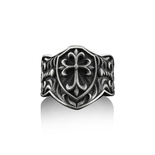 Crusader Shield Handmade Sterling Silver Men Ring, Christian Cross Shield Silver Ring, Crusader Shield Silver Men Jewelry, Ring For Men