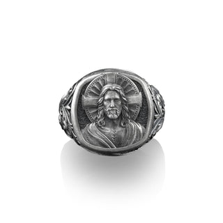 Savior Jesus Christ with Cross Sterling Silver Square Signet, Christian Mens Ring, Religious Gifts, Pinky Rings for Women, Catholic Gifts