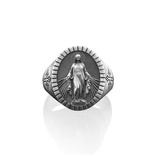 Handmade Virgin Mary Miraculous Signet Ring for Mens,  Holy Mother Sterling Silver Ring, Family Ring, Christian Men Gift, Gift For Men