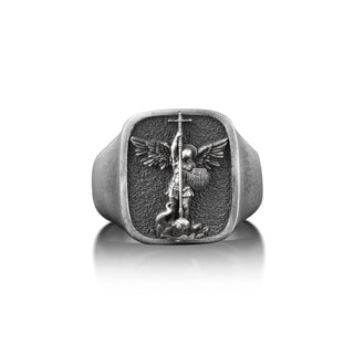 Saint Archangel Michael Christian Pinky Ring for Men in Silver, St Michael Square Signet Ring For Men, Religious Mens Gift Ring in Silver