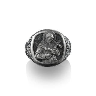 Saint Francis of Assisi Ring, Sterling Silver Square Signet Men's Ring, Handmade Pinky Rings for Women, Mother's Day Gift for Religious Mom