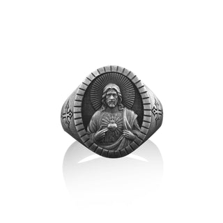 Sterling Silver Jesus with Sacred Heart Signet Rings For Men, Oxidized Silver Savior Jesus Ring, Protection Ring, Christian Men Gift Jewelry