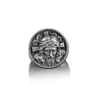 Jesus Oval Mens Signet Ring in Silver, Crucifix Ring For Family, Christian Ring For Husband, Faith Ring For Dad, Jesus Jewelry For Men