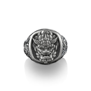 Chinese Guardian Lion Dog, Sterling Silver Square Signet Ring, Mythology Lover Gift, Engraved Mens Rings, Pinky Rings for Women,