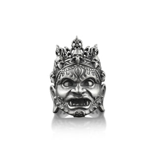 Japanese mask with skull demon ring for men in sterling silver, Mongolian mask ring, Oni mask demon unique ring for men, Fantasy gift ring