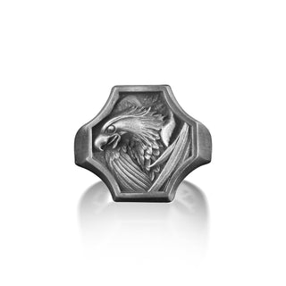 Winged Eagle Oxidized Ring for Men, Sterling Silver Eagle Head Ring, Stylish Eagle Statement Ring, Engraved Birds Ring, Promise Ring for him