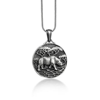 Rhino Walking Under The Tree Necklace, Rhinoceros Animal Necklace For Boyfriend, Africa Forest Necklace in Silver, Nature Necklace For Dad