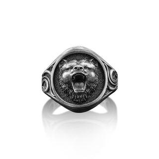 Handmade Bear Sterling Silver Men's Signet Ring, Viking Boho 925 Silver Man Ring, Scandinavian Roaring Majestic Bear Rings, Gift For Him