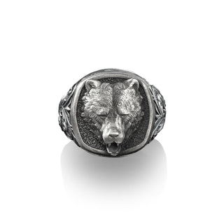 Grizzly Bear Signet Ring for Men in Sterling Silver, Viking Bear Ring, Animal Lover Gift, Pinky Bear Ring, Celtic Silver Ring, Men Gift Ring