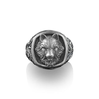 Viking Fenrir Wolf Signet Silver Ring for Men, Wolf with Victorian Pattern Ring, Sterling Silver Animal Jewelry, Pinky Wolf Ring for women