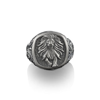 Maned Lion with Victorian Pattern Silver Men Ring, Leo Zodiac Signet Pinky Ring for men, Leo Sterling Silver Gift Ring, Mens Astrology Ring