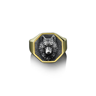 Alpha Wolf Signet Man Ring, Handmade Silver Wolf Men Ring, 925 Silver Animal Men Ring, Sterling Silver Gold PlatedMen Ring, Boho Men Ring