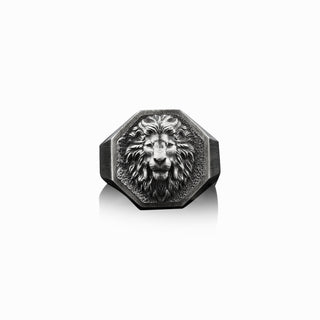 Zodiac Leo Signet Pinky Ring For Men in Sterling Silver, Handmade Wild Lion Ring, Lion Man Silver Gift Ring, Octagonal Signet Men Gift Ring