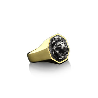 Sterling Silver Maned Lion Signet Mens Ring, Handmade Silver Lion Man Ring, Gold Plated Lion Ring, 925 Silver Lion Head Mens Wedding Ring