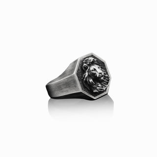 Handmade Oxidized Maned Lion Signet Men's Ring, Boho African Lion Men Ring, Sterling Silver Lion Head Men Ring, Animal Men Wedding Gift Ring