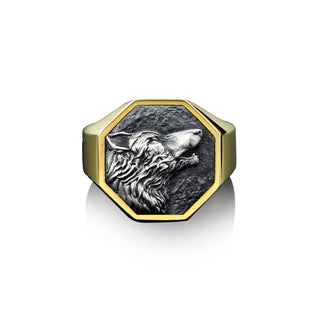 Handmade Howling Wolf Men's Ring, Silver Alpa Wolf Signet Men Ring, Gold Plated Wolf Ring, Sterling Silver Wedding Men Jewelry, Ring For Men
