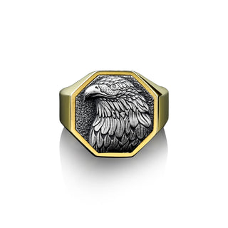 Handmade American Eagle Men Ring, Gold Plated Eagle Ring, 925 Silver Eagle Signet Mens Ring, Sterling Silver Wedding Men Ring, Ring For Mens