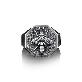 Boho 925 Silver Bee Men Ring, Wild Bee Signet Men's Ring, Handmade Winged Bee Man Ring, Sterling Silver Wedding Men Gift Ring, Ring For Mens