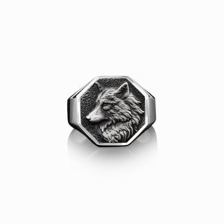 925 Silver Wild Wolf Signet Mens Ring, Handmade Alpha Wolf Man Ring, Polished Wolf Men Ring, Sterling Silver Wedding Ring, Boho Ring For Men