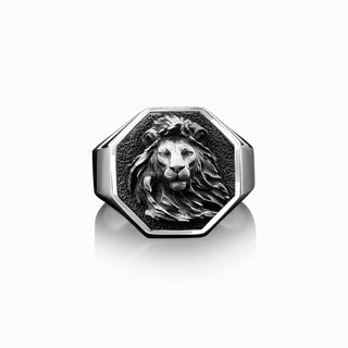 925 Silver Maned Lion Signet Mens Ring, Handmade Silver Lion Man Ring, Polished Lion Ring, Sterling Silver Lion Head Men Ring, Ring For Mens