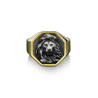 Sterling Silver Maned Lion Signet Mens Ring, Handmade Silver Lion Man Ring, Gold Plated Lion Ring, 925 Silver Lion Head Mens Wedding Ring
